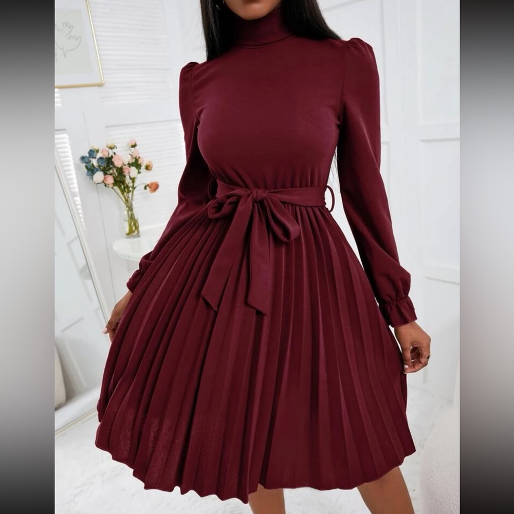 Luxe turtleneck flounce sleeve pleated dress - Picture 2 of 16
